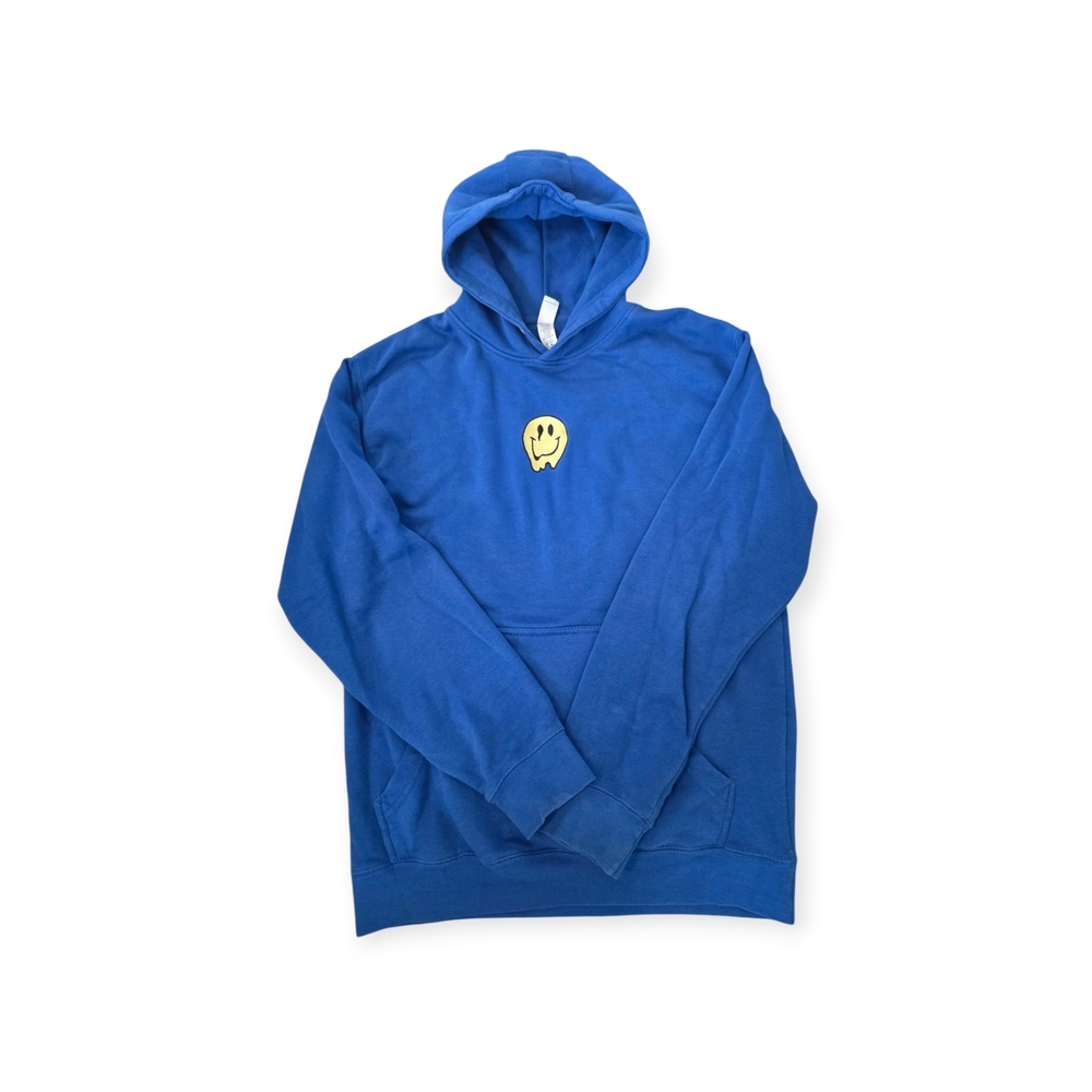 Men's Blue Pullover Hoodie with Yellow Smiley Graphic